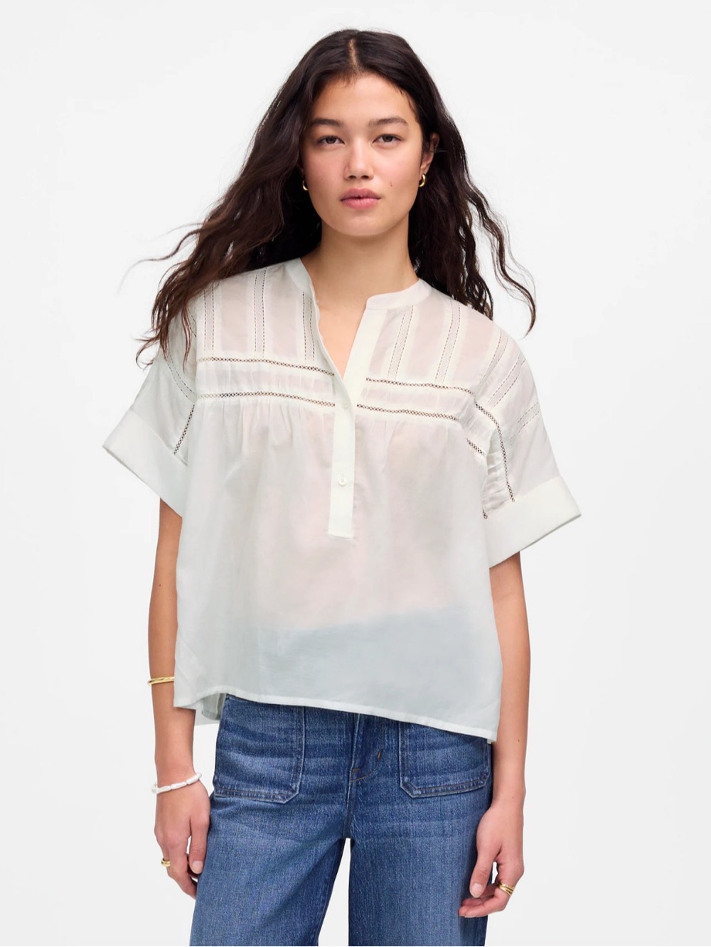 Madewell Lace-Inset Pintucked Henley Top, size XS